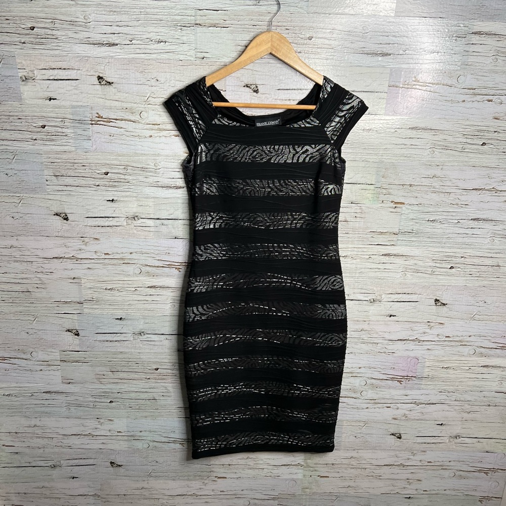 Frank Lyman black silver sheath midi dress ruffle size 4
